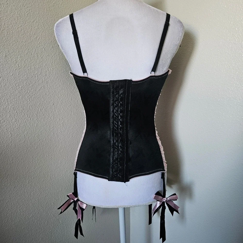 Vintage Playboy Hot Topic Pink Black Satin Ruched Garter Bustier 36D - Picture 3 of 9